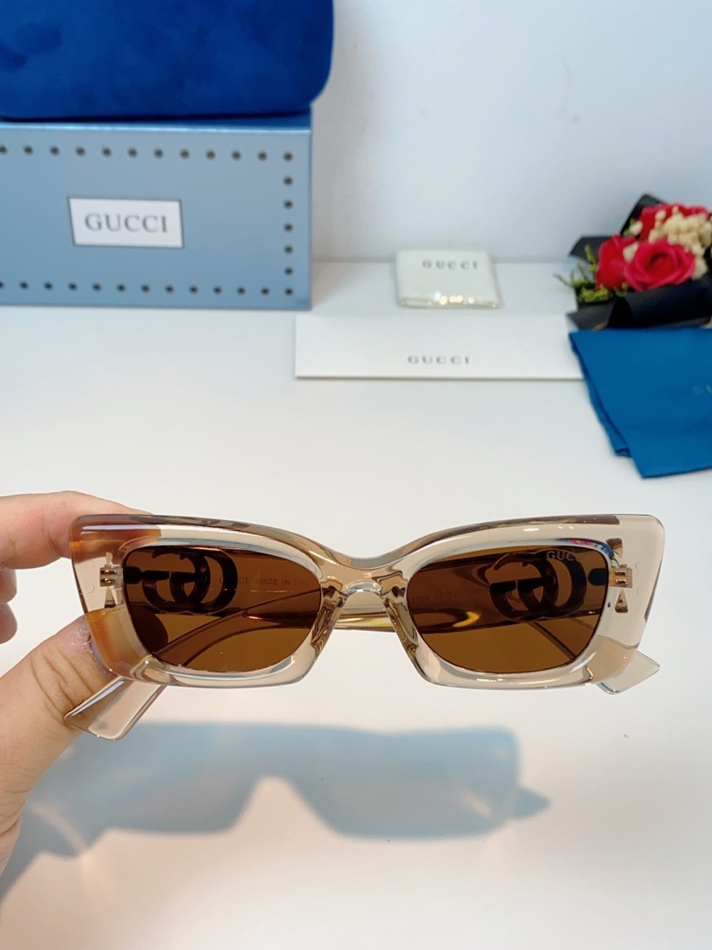 Gucci Beige Transparent Frame Sunglasses with Brown Lenses